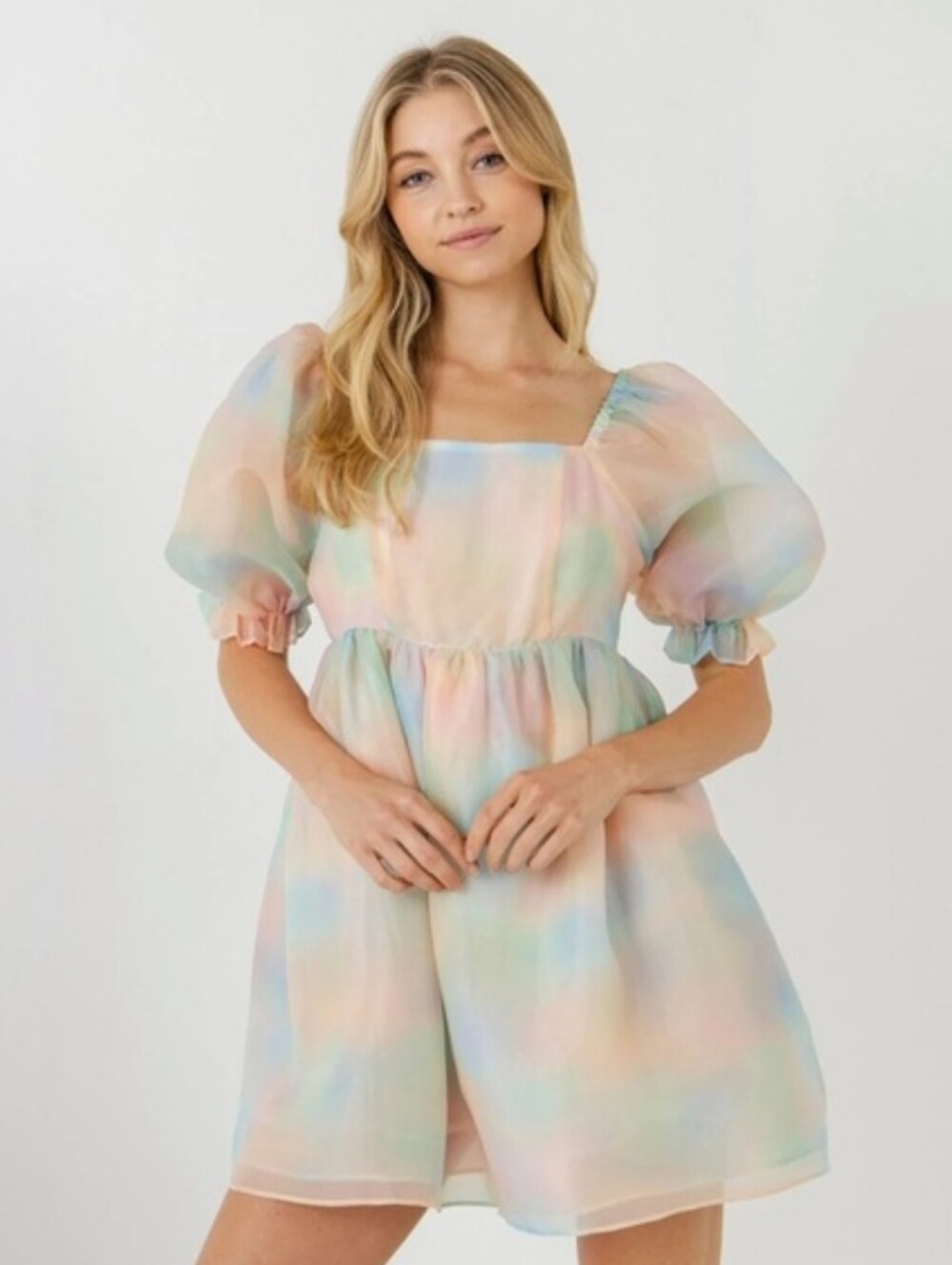 Endless Rose Women's Multi Color Organza Mini Dress Puff Sleeves Sz S Milkmaid